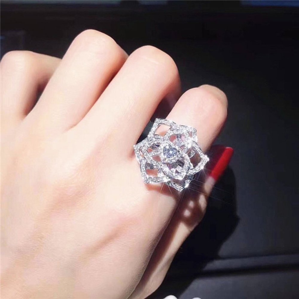 NEW 925 Sterling Silver Diamond Rose Heart Ring - Picture 2 of 5